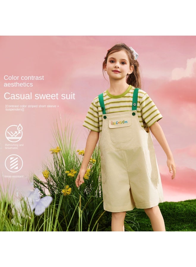 abckids Short-sleeve T-shirt + Overalls】girls' Set, Summer 2025, Striped, Medium To Large Kids, Fresh And Casual Outfit - Image 3
