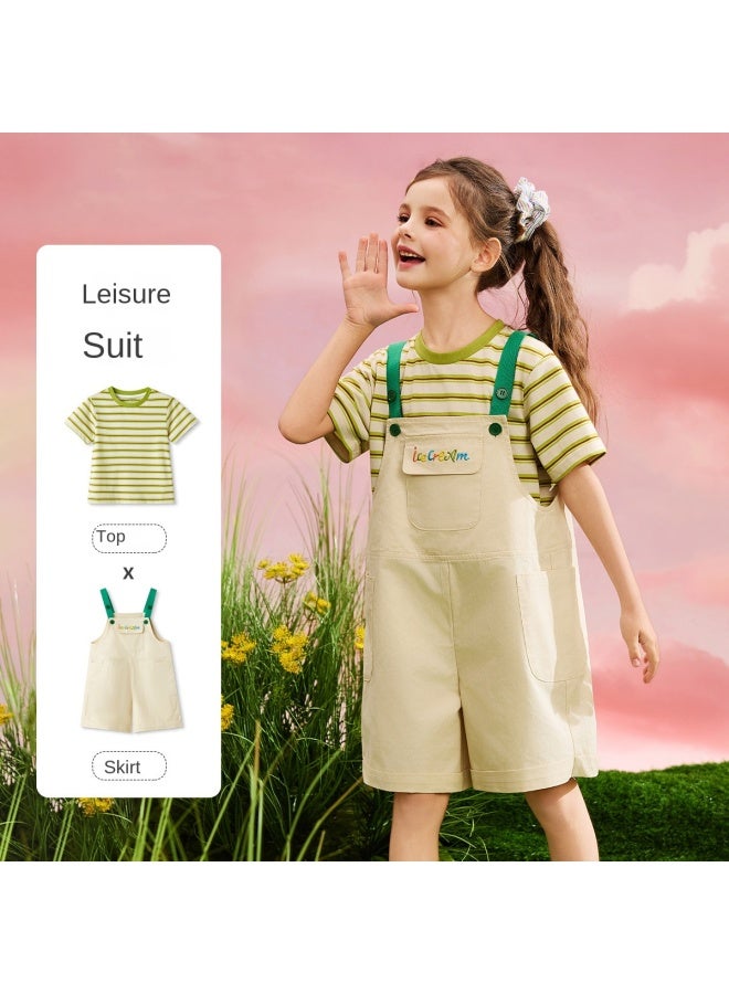abckids Short-sleeve T-shirt + Overalls】girls' Set, Summer 2025, Striped, Medium To Large Kids, Fresh And Casual Outfit - Image 2