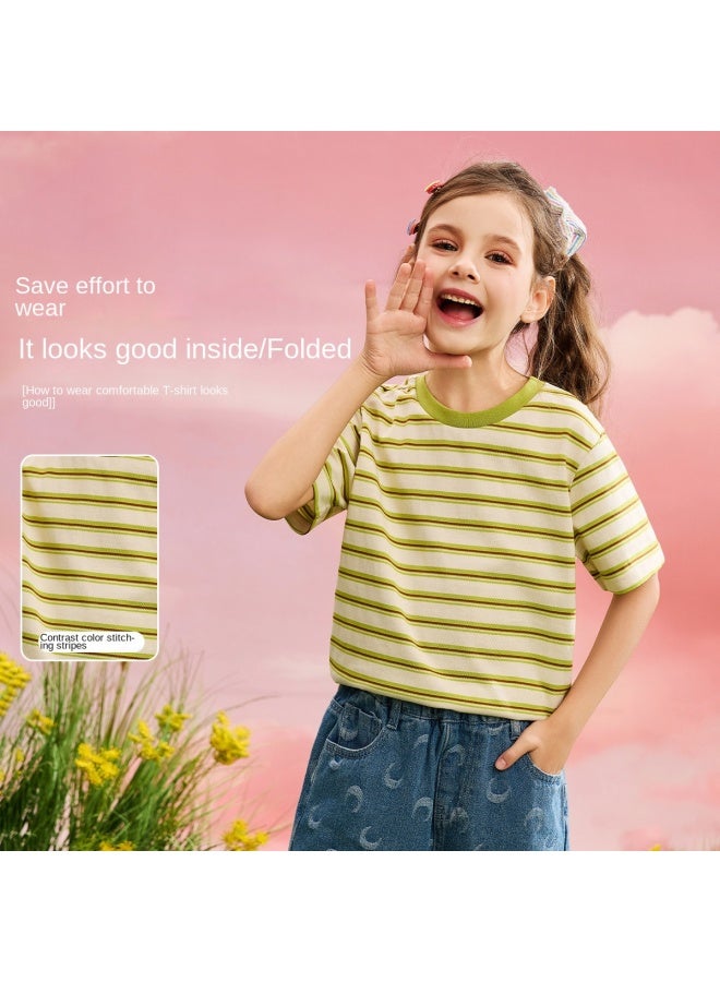 abckids Short-sleeve T-shirt + Overalls】girls' Set, Summer 2025, Striped, Medium To Large Kids, Fresh And Casual Outfit - Image 5