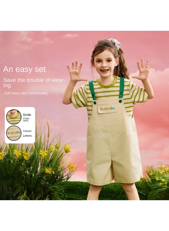 abckids Short-sleeve T-shirt + Overalls】girls' Set, Summer 2025, Striped, Medium To Large Kids, Fresh And Casual Outfit - Image 4