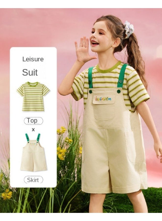 abckids Short-sleeve T-shirt + Overalls】girls' Set, Summer 2025, Striped, Medium To Large Kids, Fresh And Casual Outfit - Image 1