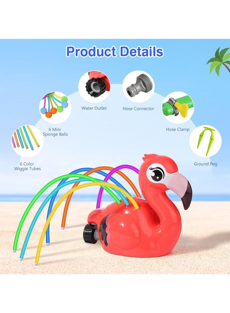 CMGTYYD Water Sprinkler for Kids,Cute Spray Flamingo Toys with 6 Wiggle Tubes 6 Sponge Balls 1 Hose Clamp Outdoor Summer Sprinklers for Garden Backyard Lawn Splashing Fun Toys for Pet, Red Flamingo - Image 2