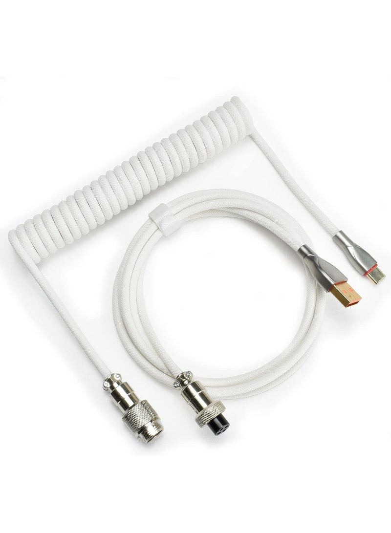 White Braided Coiled USB A to Type-C Keyboard Cable 1.5M, Detachable 4-Pin Aviator Connector Data Charging Cord for Mechanical Gaming Keyboard & Tablet - Image 2
