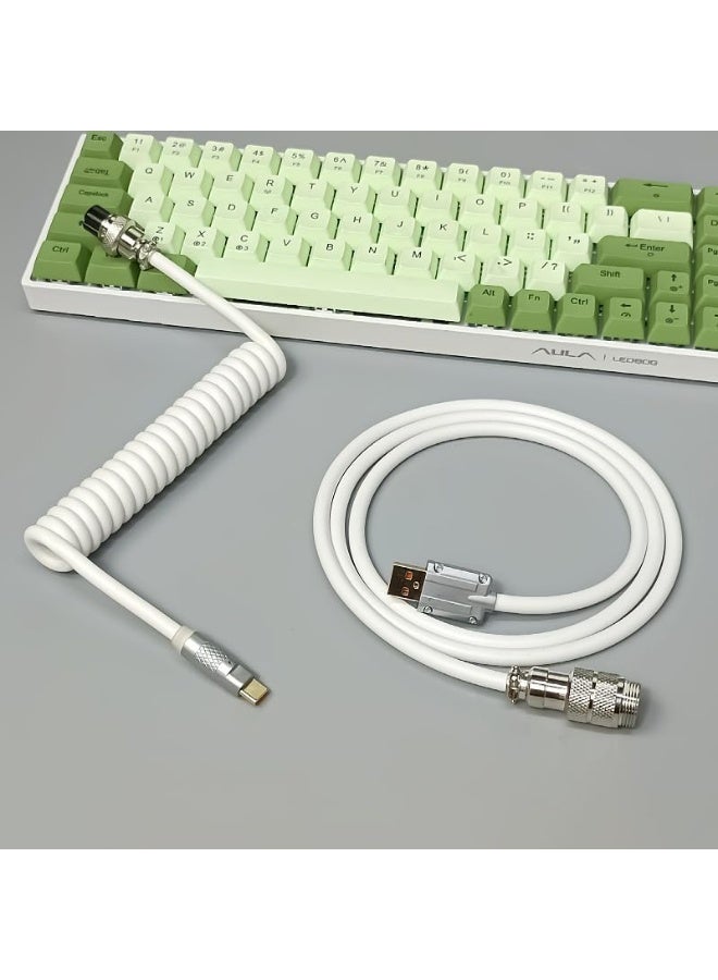 White Braided Coiled USB A to Type-C Keyboard Cable 1.5M, Detachable 4-Pin Aviator Connector Data Charging Cord for Mechanical Gaming Keyboard & Tablet - Image 3