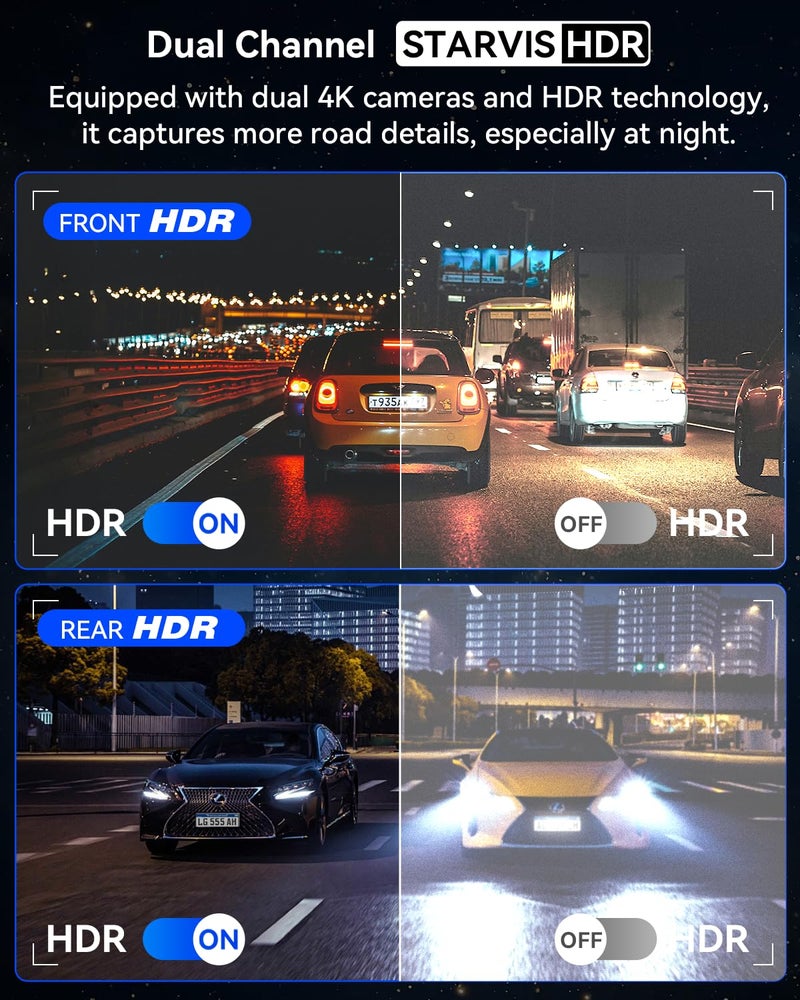 IIWEY 4K+4K Dash Cam Front and Rear, 5G Wi-Fi 64GB SD Card Included, STARVIS Dash Camera for Cars, 3 Inch IPS Screen, Dual Channel HDR Night Vision, 24H Parking Mode, 170Â° Widude Angle, G-Sensor - Image 4