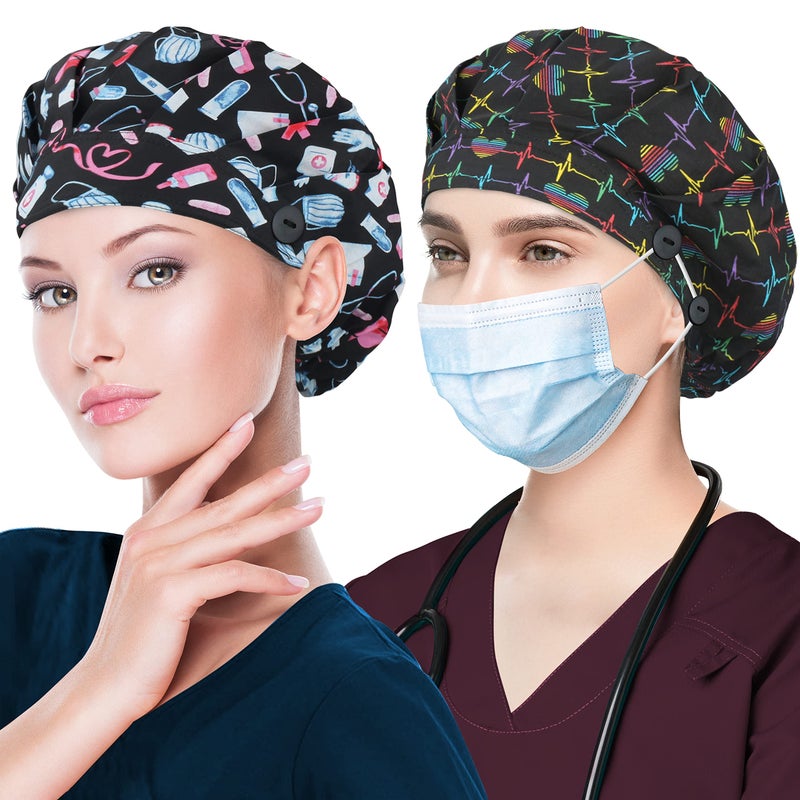 ABAMERICA 2 Pack Bouffant Caps with Button and Sweatband, Adjustable Scrub Caps for Women Men, One Size Multi Color - Image 1