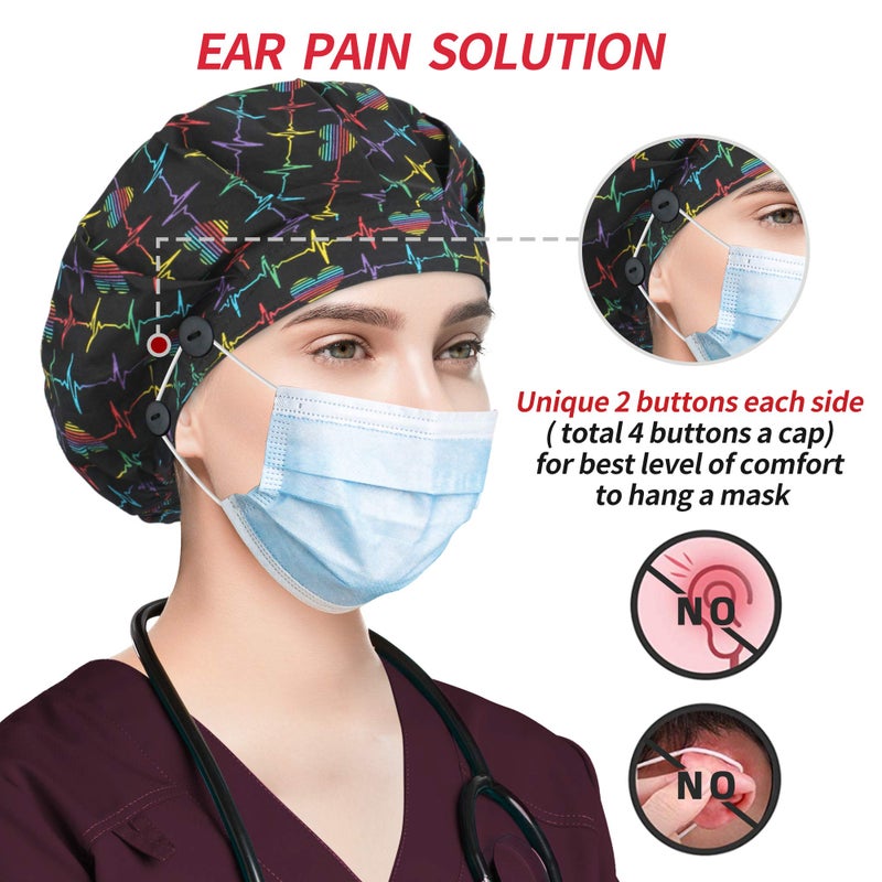 ABAMERICA 2 Pack Bouffant Caps with Button and Sweatband, Adjustable Scrub Caps for Women Men, One Size Multi Color - Image 2
