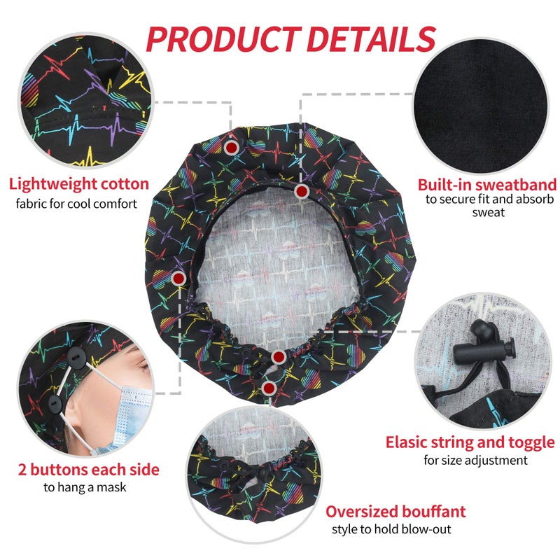 ABAMERICA 2 Pack Bouffant Caps with Button and Sweatband, Adjustable Scrub Caps for Women Men, One Size Multi Color - Image 4
