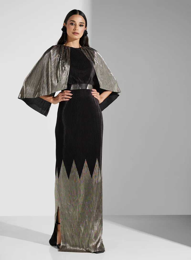 Golden Apple Pleated Metallic Gown Dress