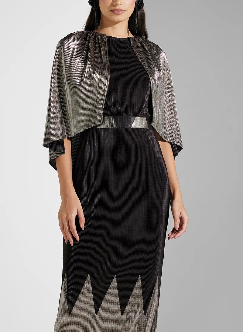 Golden Apple Pleated Metallic Gown Dress
