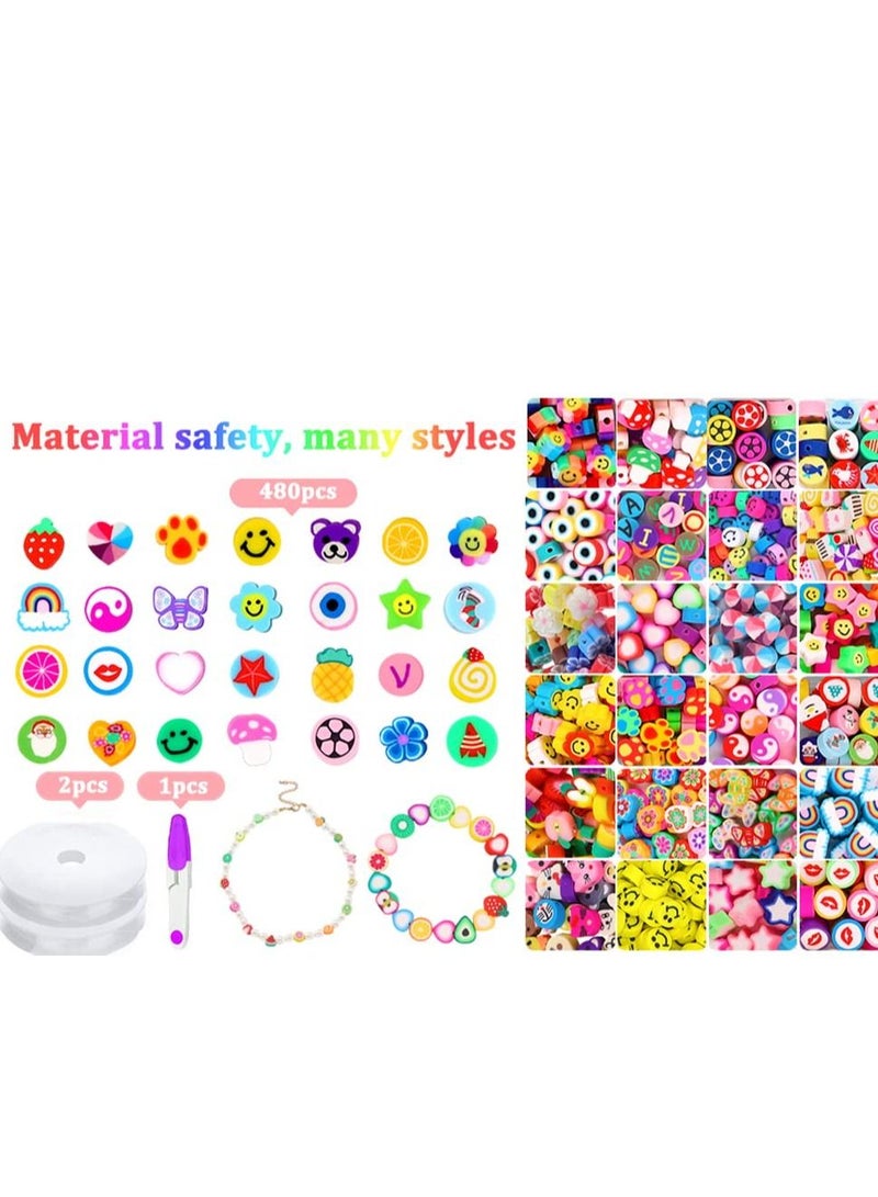 SYOSI 480PCS Fruit Flower Polymer Clay Beads 24 Style Cute Smiley Heart Mushroom Clay Beads Charms for Jewelry Necklace Earring Making DIY Bracelet Making Kit Accessories for Women Girls - Image 3