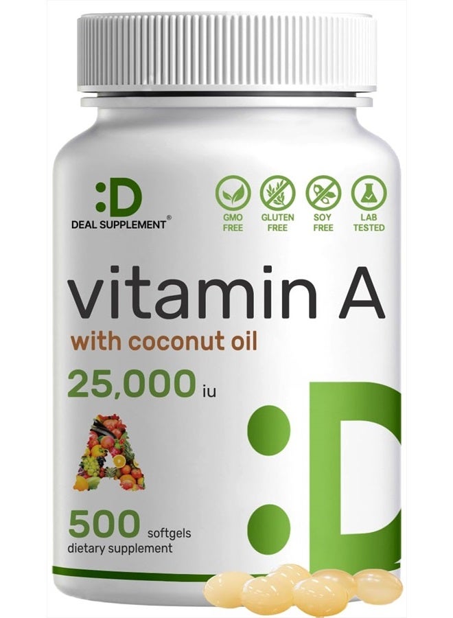 DEAL SUPPLEMENT فيتامين أ عالي الفعالية 25000 وحدة دولية، 500 كبسولة زيت جوز الهند | سهل الامتصاص، مصدر طبيعي لزيت كبد السمك – فيتامينات لصحة العين، المناعة، والبشرة – سهل البلع، غير معدل وراثيًا - Image 1