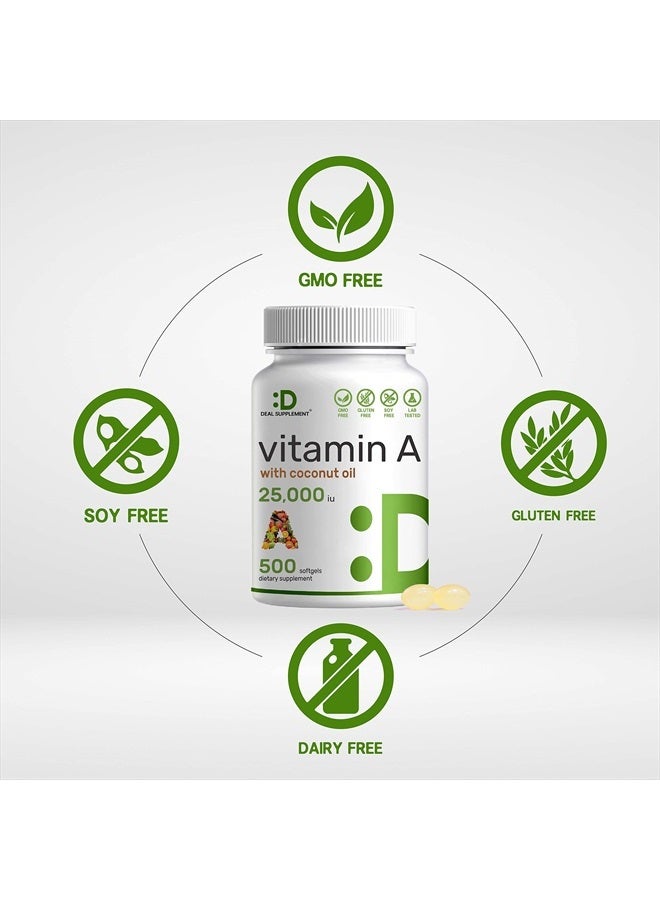 DEAL SUPPLEMENT فيتامين أ عالي الفعالية 25000 وحدة دولية، 500 كبسولة زيت جوز الهند | سهل الامتصاص، مصدر طبيعي لزيت كبد السمك – فيتامينات لصحة العين، المناعة، والبشرة – سهل البلع، غير معدل وراثيًا - Image 3