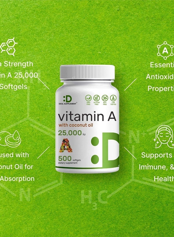 DEAL SUPPLEMENT فيتامين أ عالي الفعالية 25000 وحدة دولية، 500 كبسولة زيت جوز الهند | سهل الامتصاص، مصدر طبيعي لزيت كبد السمك – فيتامينات لصحة العين، المناعة، والبشرة – سهل البلع، غير معدل وراثيًا - Image 4