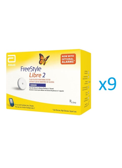 Freestyle Libre 2 System Waterproof Blood Glucose Monitor Sensor Kit (Pack of 9)