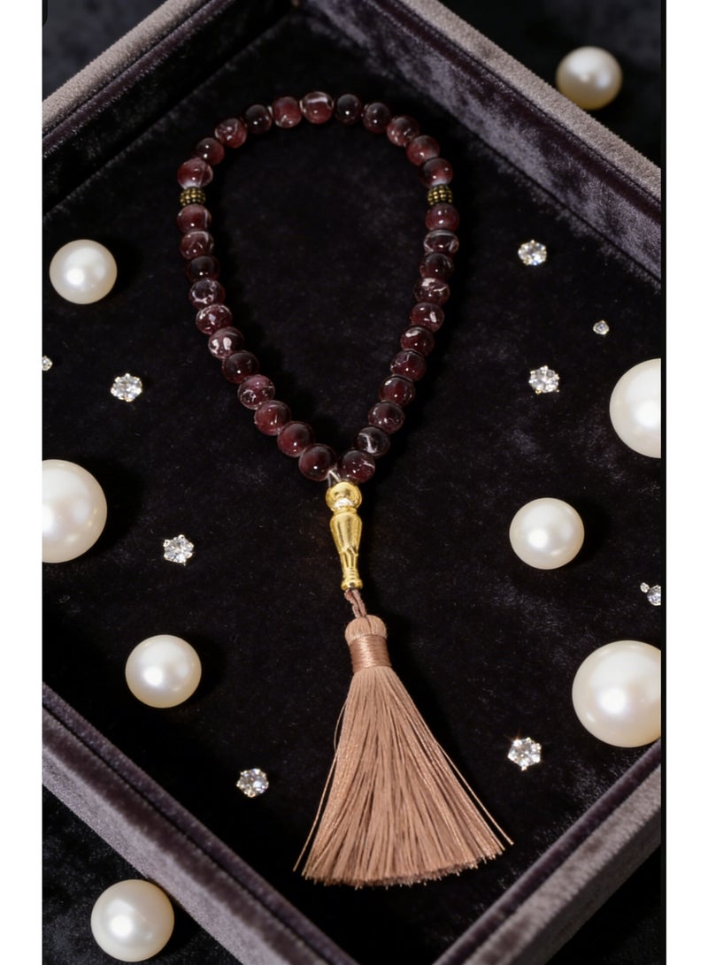Nariele 33 Beads Transparent Wine Red Floating Pattern Round Islamic Tasbih Prayer Beads, Gold Plated Spacers Metal Divider Tube Light Brown Long Tassel Muslim Rosary, Vintage Luxury Unisex Dhikr Beads For Salah & Eid Gifting - Image 1