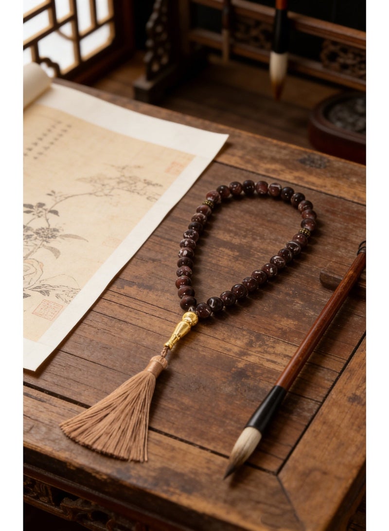 Nariele 33 Beads Transparent Wine Red Floating Pattern Round Islamic Tasbih Prayer Beads, Gold Plated Spacers Metal Divider Tube Light Brown Long Tassel Muslim Rosary, Vintage Luxury Unisex Dhikr Beads For Salah & Eid Gifting - Image 3