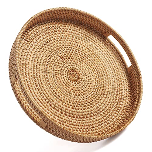 DECRAFTS Coffee Table Tray Round Rattan Ottoman Tray Woven Serving Trays with Handles for Home and Kitchen Decorative Natural (Large 14 inch x 2.8 inch) - Image 1