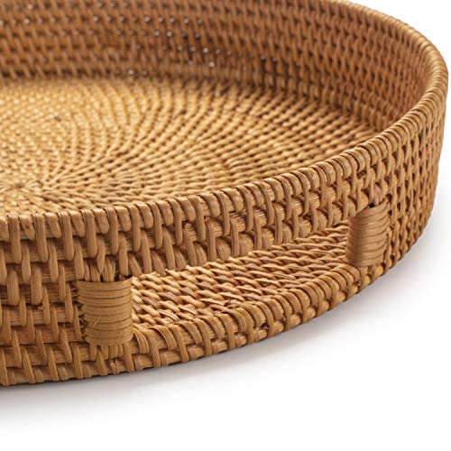 DECRAFTS Coffee Table Tray Round Rattan Ottoman Tray Woven Serving Trays with Handles for Home and Kitchen Decorative Natural (Large 14 inch x 2.8 inch) - Image 2