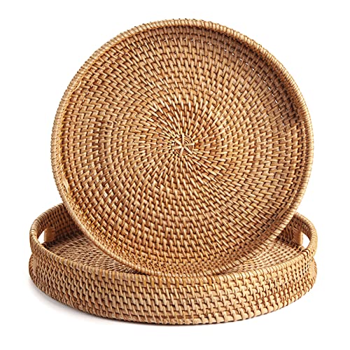 DECRAFTS Coffee Table Tray Round Rattan Ottoman Tray Woven Serving Trays with Handles for Home and Kitchen Decorative Natural (Large 14 inch x 2.8 inch) - Image 3