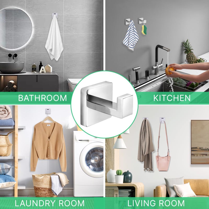 Fenas Heavy Duty Stainless Steel Towel Hooks, Wall Mounted Square Robe Hooks for Bathroom, Kitchen, Bedroom, Hotel Chrome Polished 2 Pack - Image 5