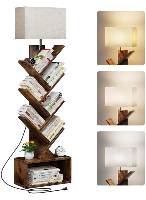 6-Layer Solid Wood Bookshelf Floor Lamp with Light for Book Storage, Suitable for Living Room, Bedroom and Home Office, Brown