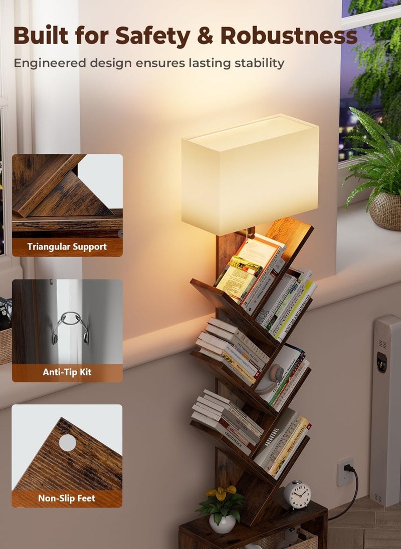 Onelight 6-Layer Solid Wood Bookshelf Floor Lamp with Light for Book Storage, Suitable for Living Room, Bedroom and Home Office, Brown - Image 4