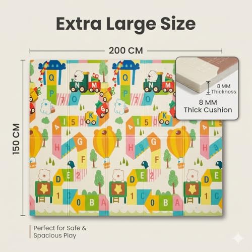 WENGTY Baby Folding Portable Waterproof Extra Large Size Non Toxic BPA Free Reversible Non Toxic Baby Kids Toddler Learning & Crawling Play Mat (150X200 CM 8MM Thickness, Multi Color) (Orange Bear Alphabet) - Image 2