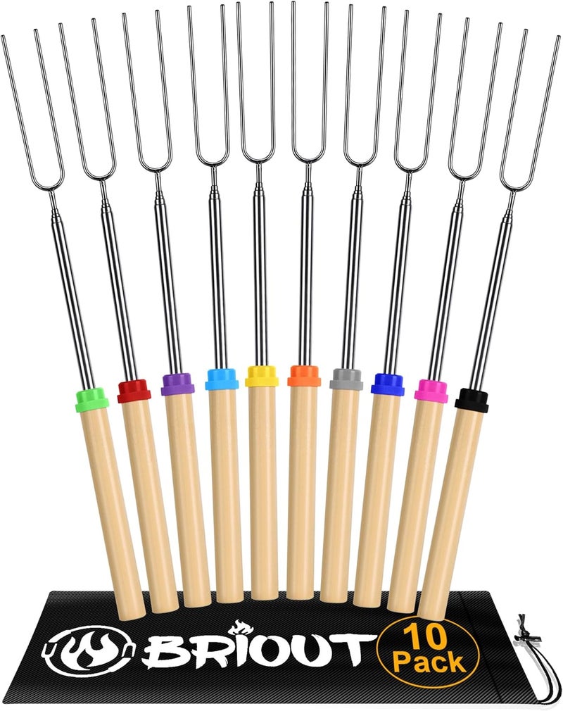 Briout Extendable Stainless Steel Roasting Sticks - Smores Sticks for Fire Pit Long 32 Inch, Smore Skewers Hot Dog Fork Campfire Accessories, Camping Essentials for S'mores - 10 Pack - Image 1