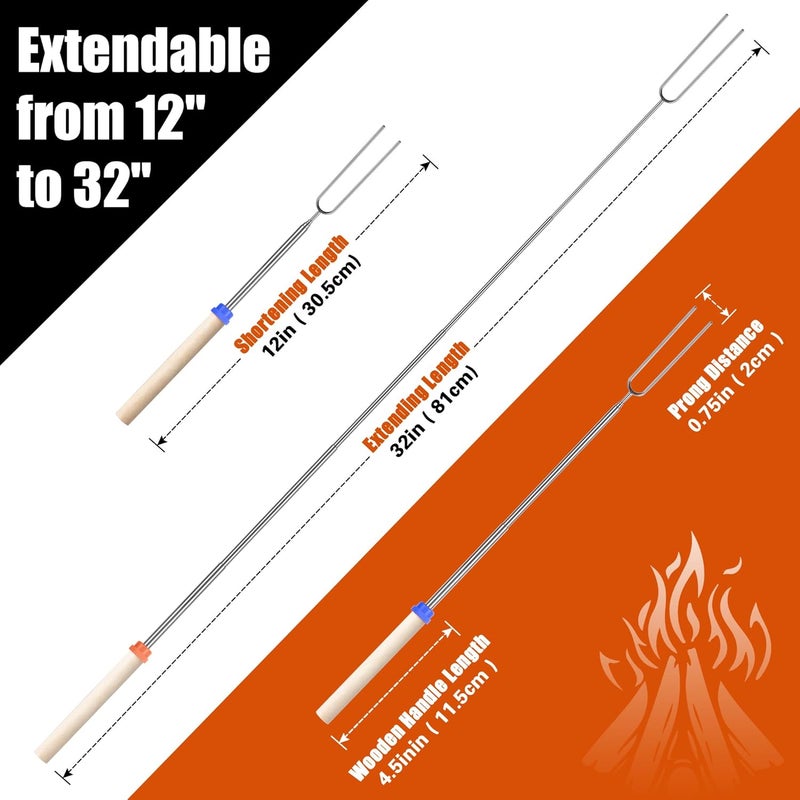 Briout Extendable Stainless Steel Roasting Sticks - Smores Sticks for Fire Pit Long 32 Inch, Smore Skewers Hot Dog Fork Campfire Accessories, Camping Essentials for S'mores - 10 Pack - Image 3