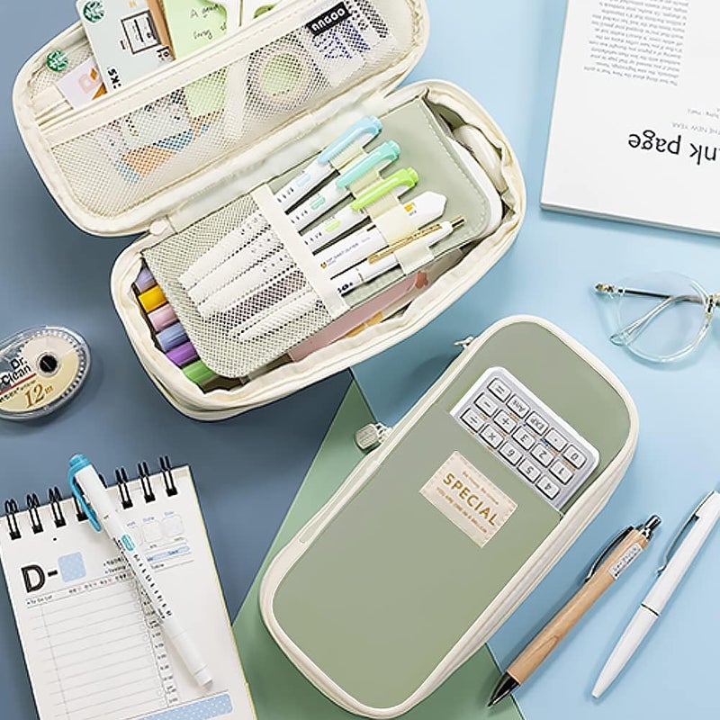 PRANIJ Cute Aesthetic Large Capacity Expandable Pencil Case Pouch with Zipper Portable Office Stationery Desk Organizer for School Collage Boys Girls Adults Women Men (Pista Green) - Image 5
