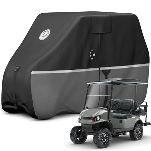 LI LIBZAKI Waterproof Golf Cart Cover, 420D Heavy Duty Marine Grade Fabric, Universal Fits for Most Brand 4+2 Passengers Yamaha, Club Car, EZGO Golf Cart -Black/Gray-XL - Image 1