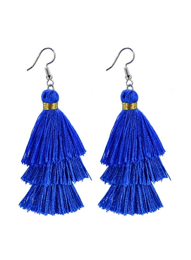 AD BEADS Fashion Charm Crystal Silk Tassel 3 Layers Fan Fringe Dangle Earrings (16 Royal Blue) - Image 1