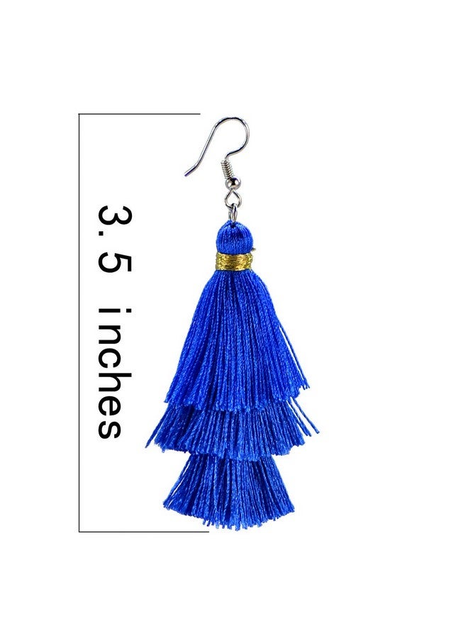 AD BEADS Fashion Charm Crystal Silk Tassel 3 Layers Fan Fringe Dangle Earrings (16 Royal Blue) - Image 3