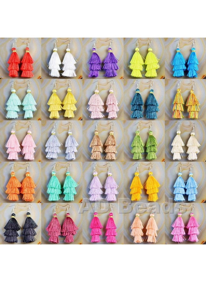 AD BEADS Fashion Charm Crystal Silk Tassel 3 Layers Fan Fringe Dangle Earrings (16 Royal Blue) - Image 2