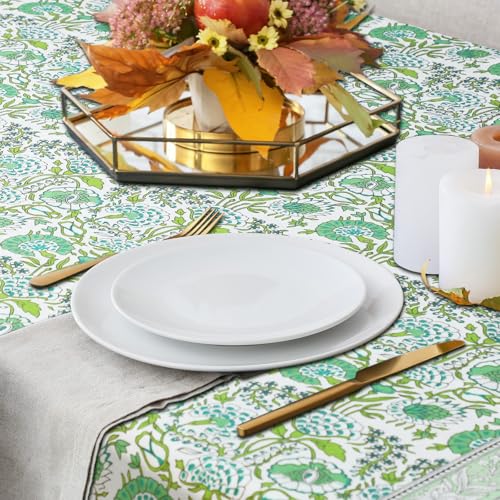 Newtay 60'' x 60'' Agate Green Cotton Tablecloth Handmade Indian Block Print Floral Tablecloth Dust Proof Square Table Cover for Kitchen Dining Wedding Party Holiday Buffet Farmhouse - Image 5