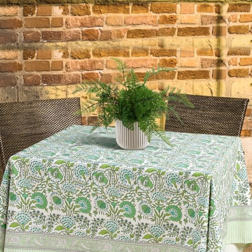 Newtay 60'' x 60'' Agate Green Cotton Tablecloth Handmade Indian Block Print Floral Tablecloth Dust Proof Square Table Cover for Kitchen Dining Wedding Party Holiday Buffet Farmhouse - Image 3
