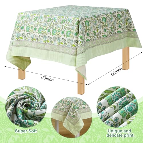 Newtay 60'' x 60'' Agate Green Cotton Tablecloth Handmade Indian Block Print Floral Tablecloth Dust Proof Square Table Cover for Kitchen Dining Wedding Party Holiday Buffet Farmhouse - Image 2