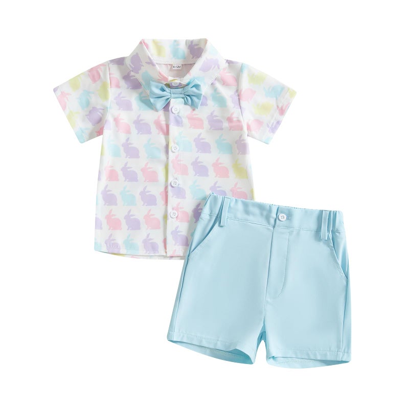 Rtnnsbbfcm Toddler Baby Boy Easter Outfit Short Sleeve Bunny Print Bow Tie Button Down Shirt Top Shorts 2Pcs Set (Blue, 18-24 Months) - Image 1
