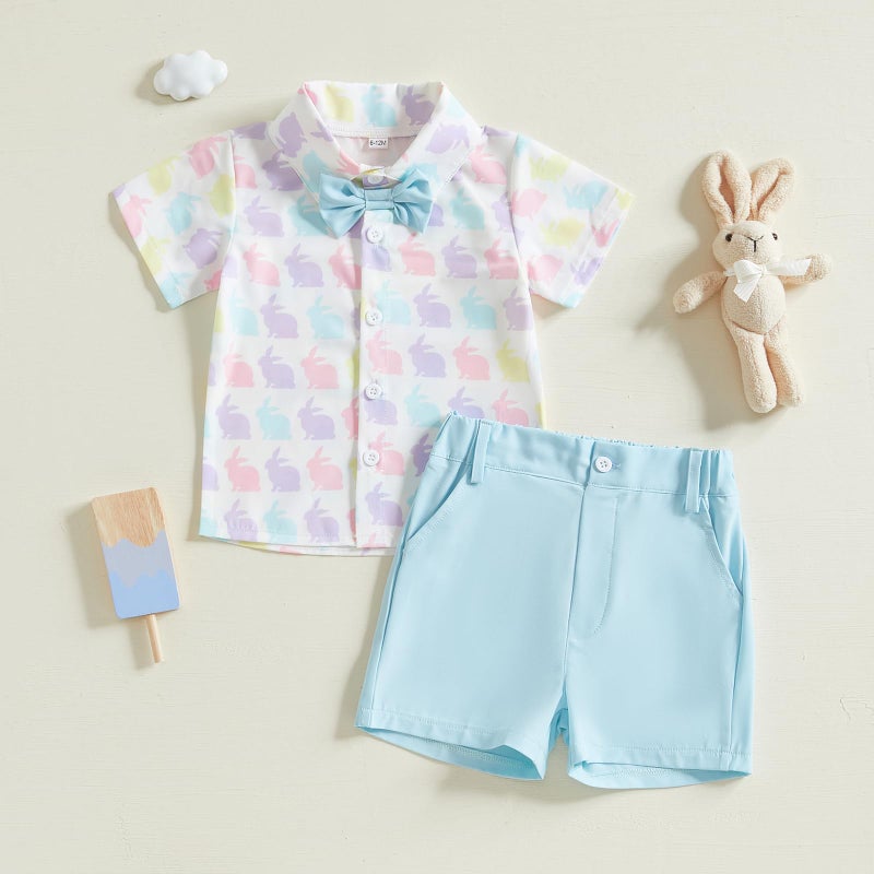 Rtnnsbbfcm Toddler Baby Boy Easter Outfit Short Sleeve Bunny Print Bow Tie Button Down Shirt Top Shorts 2Pcs Set (Blue, 18-24 Months) - Image 2