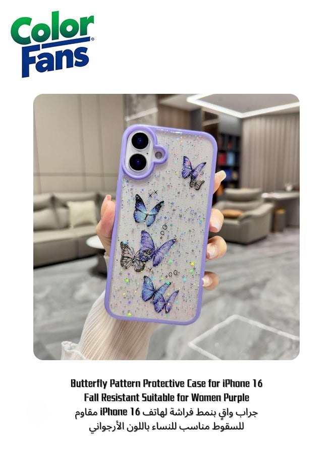 كولور فانس جراب واقٍ بنمط فراشة لهاتف iPhone 16 مقاوم للسقوط مناسب للنساء باللون الأرجواني