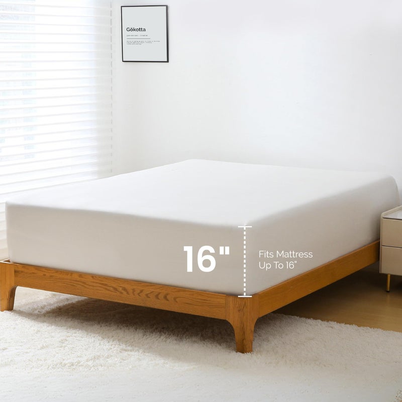 GOKOTTA Fitted Sheet Only - 16 Inch Pocket Bamboo Rayon Fitted Sheet  Super Soft and Cooling Bottom Sheet with 4 Elastic Corner Straps(Cream White  California King) - Image 2