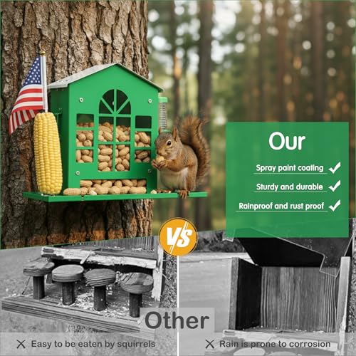 YOBTEOY Metal Squirrel Feeder for Outside Hanging Squirrel House for Outdoors with Water Bottle Flag and Corn Cobs Holder Peanut Feeder for Chipmunks Easy to Mount on Trees or Fences - Image 3