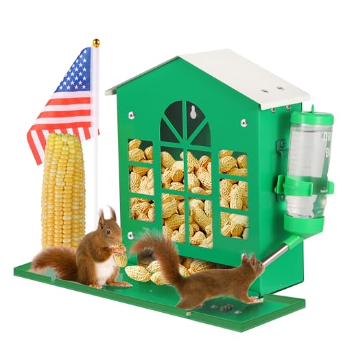 YOBTEOY Metal Squirrel Feeder for Outside Hanging Squirrel House for Outdoors with Water Bottle Flag and Corn Cobs Holder Peanut Feeder for Chipmunks Easy to Mount on Trees or Fences - Image 1