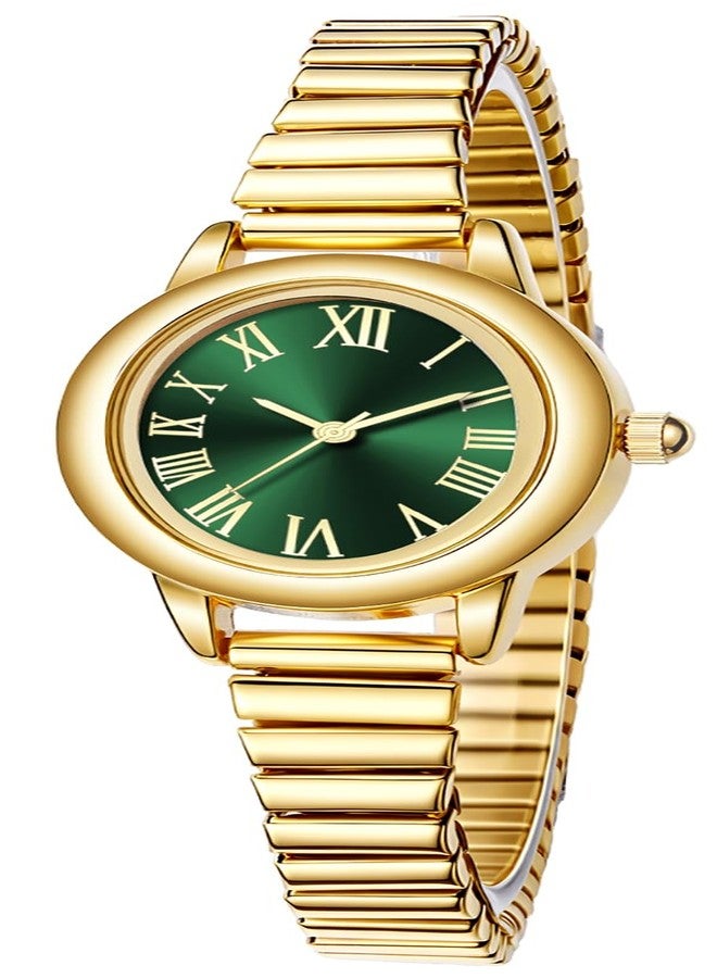 BESTKANG Women's Small Gold-Tone Watch - Vintage Oval Roman Numeral Dial, Quartz Movement, Stainless Steel Expansion Band, Water Resistant (2 Sizes), Gold green, 6.7in-7.49in, Vintage-Inspired - Image 1
