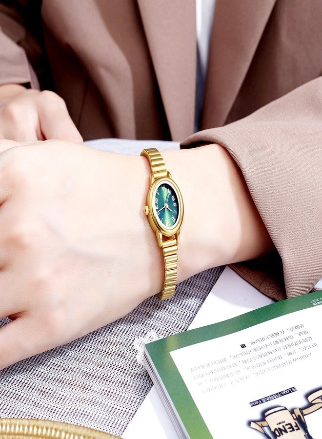 BESTKANG Women's Small Gold-Tone Watch - Vintage Oval Roman Numeral Dial, Quartz Movement, Stainless Steel Expansion Band, Water Resistant (2 Sizes), Gold green, 6.7in-7.49in, Vintage-Inspired - Image 2