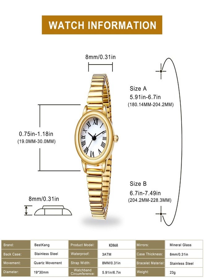 BESTKANG Women's Small Gold-Tone Watch - Vintage Oval Roman Numeral Dial, Quartz Movement, Stainless Steel Expansion Band, Water Resistant (2 Sizes), Gold green, 6.7in-7.49in, Vintage-Inspired - Image 3