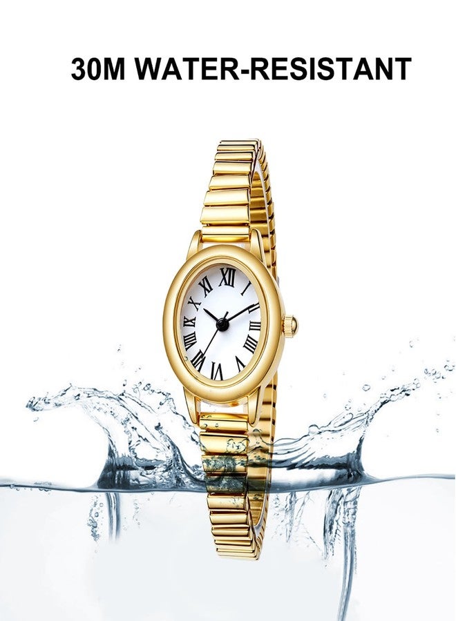 BESTKANG Women's Small Gold-Tone Watch - Vintage Oval Roman Numeral Dial, Quartz Movement, Stainless Steel Expansion Band, Water Resistant (2 Sizes), Gold green, 6.7in-7.49in, Vintage-Inspired - Image 5