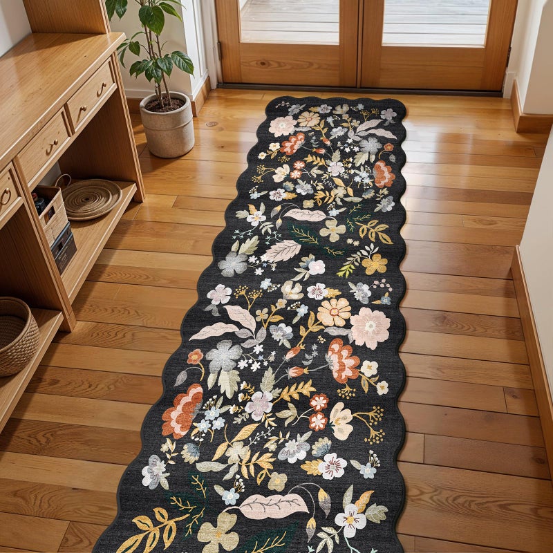 BYYVOO 2x8ft Scalloped Hallway Runner Rug â€“ Non-Slip Washable Boho Floral Carpet Runner for Kitchen, Bathroom, Bedroom & Entryway â€“ Soft Low-Pile Thin Rug with Rubber Backing (Black, 2x8) - Image 1