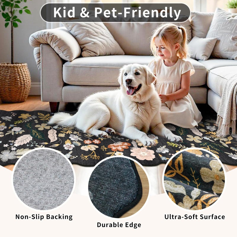 BYYVOO 2x8ft Scalloped Hallway Runner Rug â€“ Non-Slip Washable Boho Floral Carpet Runner for Kitchen, Bathroom, Bedroom & Entryway â€“ Soft Low-Pile Thin Rug with Rubber Backing (Black, 2x8) - Image 3